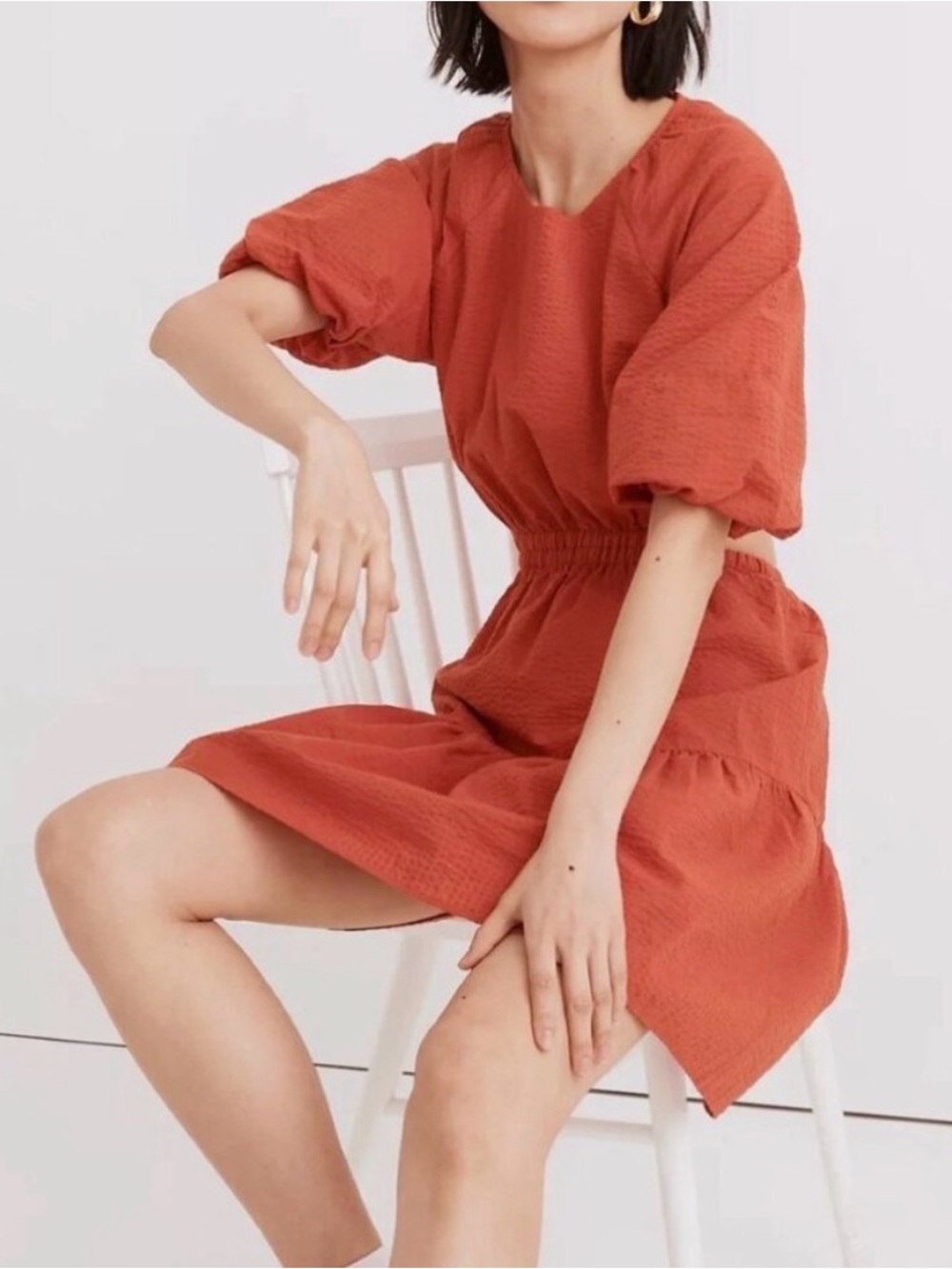 Madewell Red Seersucker Puff-Sleeve Elastic-Waist Dress